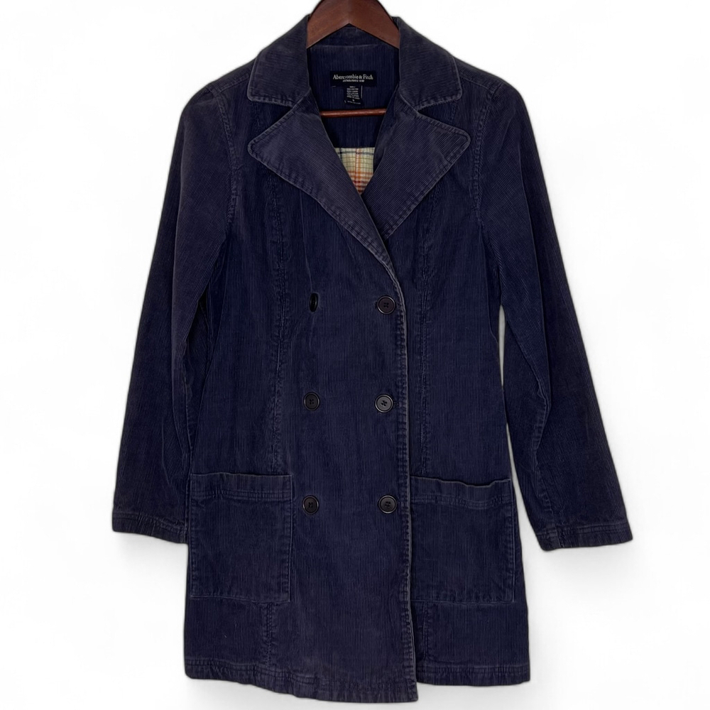 Abercrombie & Fitch Women Corduroy Coat S Blue plaid lining double breasted y2k